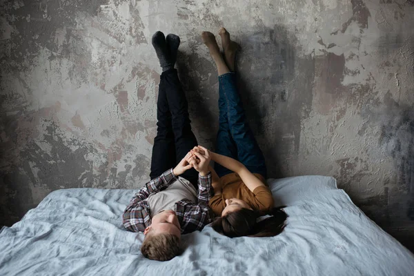 Portrait Young Family Loft Apartments Comfortable Bedroom Lovely Couple Together — Stock Photo, Image