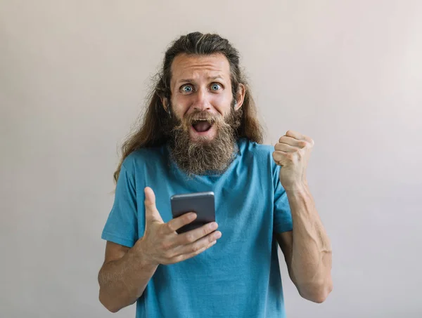 Portrait Overjoyed Bearded Man Expression Face Wide Open Eyes Mouth — Stock Photo, Image