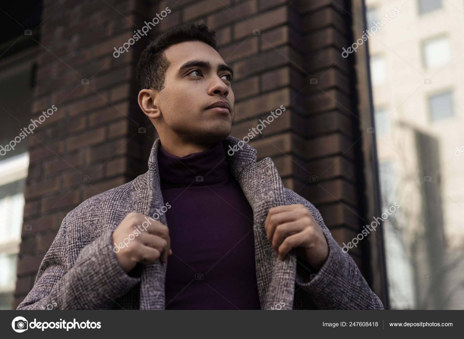 Successful Fashion Model Wearing Stylish Grey Coat Purple