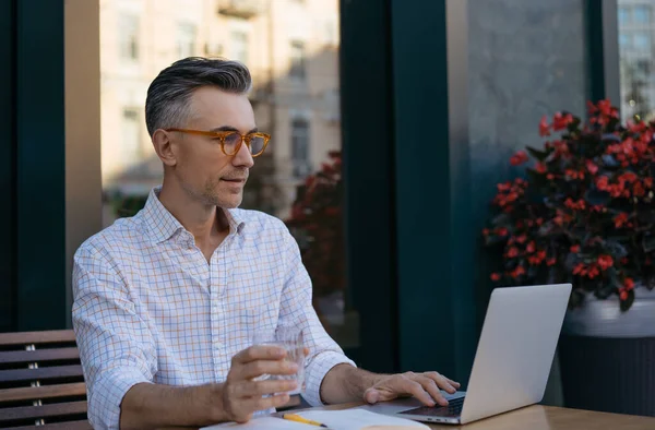 Ritratto Bello Sviluppatore Maturo Che Utilizza Computer Portatile Uomo Affari — Foto Stock