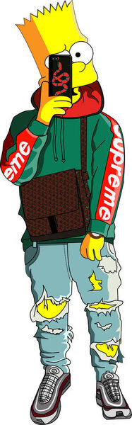 The Simpson man stands with the phone