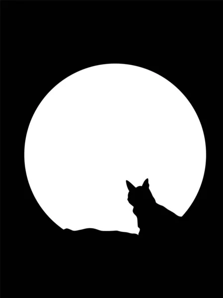 Gato Solitario Mira Cuidadosamente Luna Silueta Dibujo Blanco Negro — Vector de stock