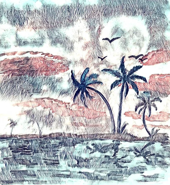 Palmy Niebo Morze Piasek — Zdjęcie stockowe