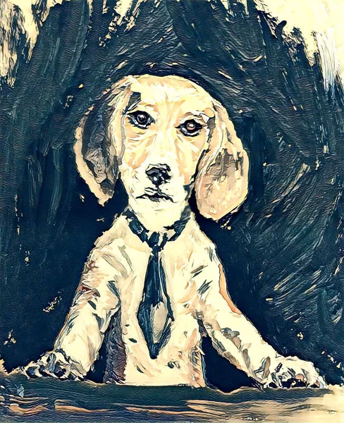 dog, puppy with a tie, drawing gouache