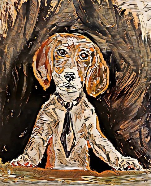 dog, puppy with a tie, drawing gouache