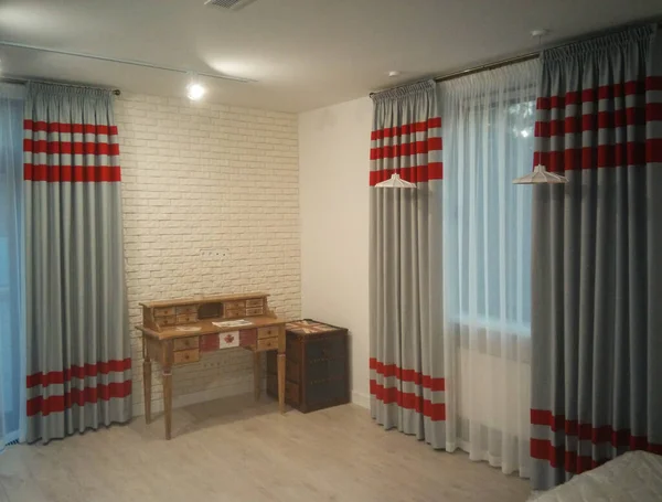 Stylish Gray Curtains Red Stripe — Stock Photo, Image