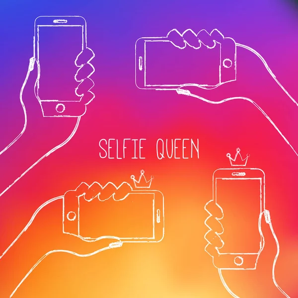 Selfie Kraliçesi Akıllı Telefon Selfie Elle Çizilmiş Simgeler Küçük Bir — Stok Vektör
