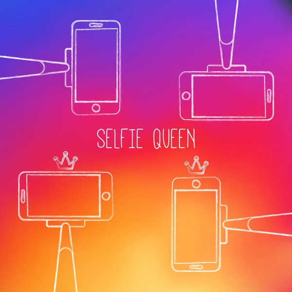 Selfie Queen Smartphone Selfie Stick Iconos Dibujados Mano Con Una — Vector de stock