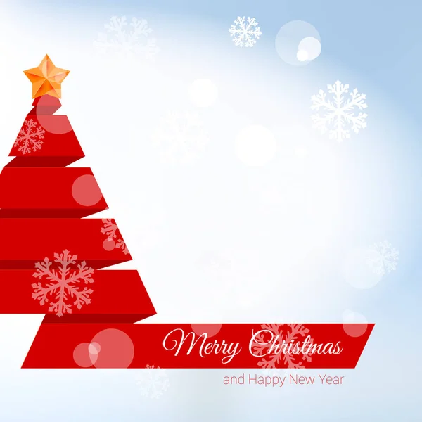 Arbre Noël Ruban Rouge Avec Étoile Noël Fond Lumineux Neige — Image vectorielle