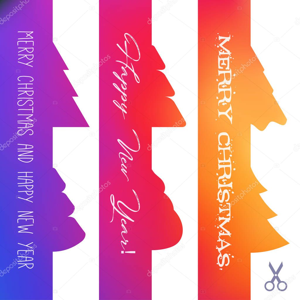 Set of Vector Christmas Appleque Cut Out Border. Bright Gradient and Greeting Inscriptions. Scissors Icon. Design Elements for Paper Collage.
