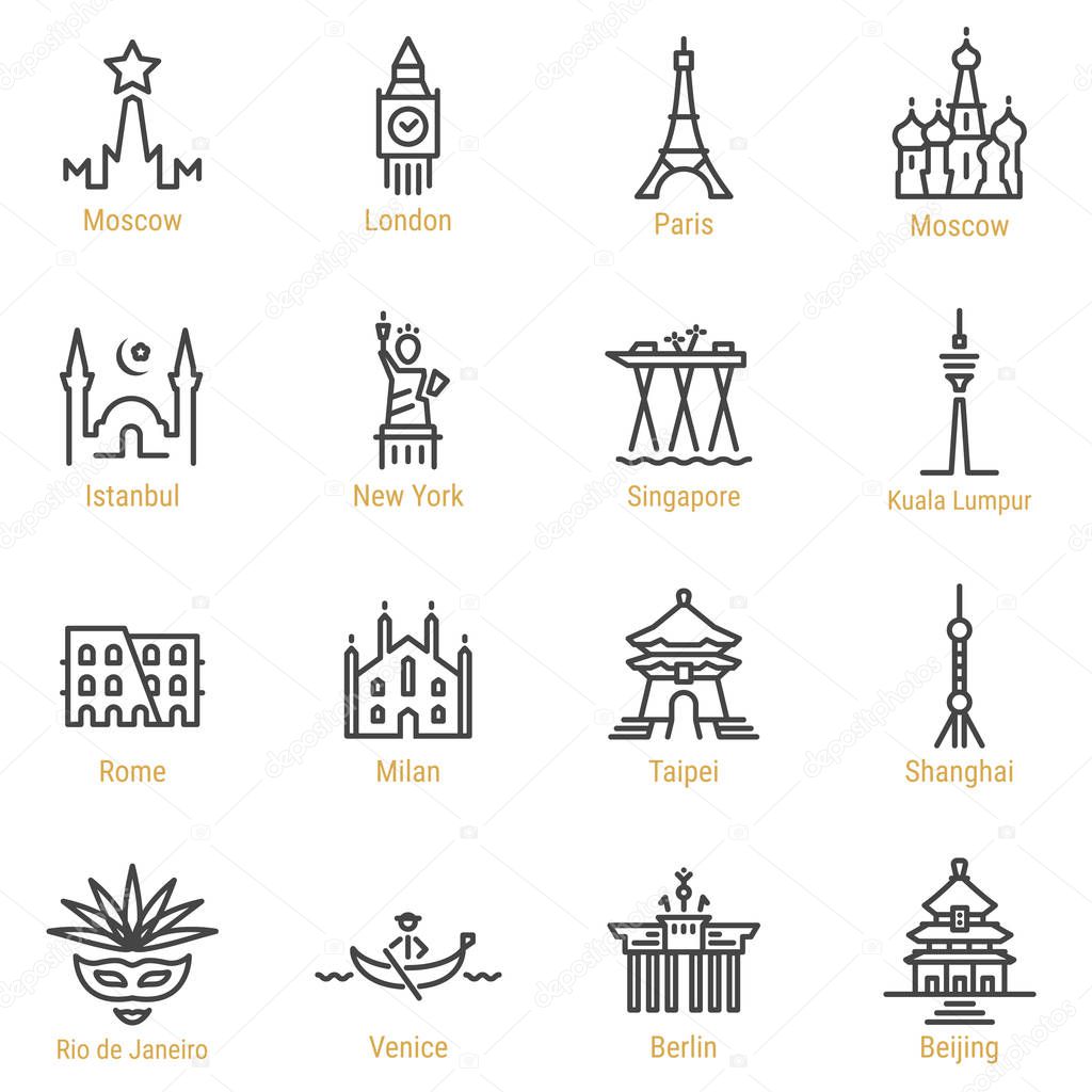 Moscow - London - Paris - Istanbul - New York - Singapore - Kuala Lumpur - Rome - Milan - Taipei - Shanghai - Rio - Venice - Berlin - Beijing Line Icons - Landmarks - Places - Sights.