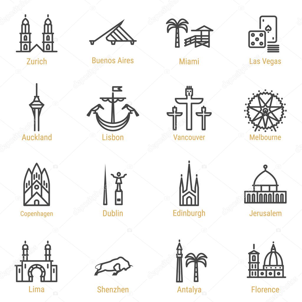 Zurich - Buenos Aires - Miami - Las Vegas - Auckland - Lisbon - Vancouver - Melbourne - Copenhagen - Dublin - Edinburgh - Jerusalem - Lima - Shenzhen - Antalya - Florence Line Icons - Landmarks.