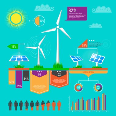 Çevre, ekoloji Infographic öğeleri. Rüzgar türbini ve güneş panelleri simgesi. Düz stil vektör çizim. Doğa şablonu kaydedin. Eko satır Icons set.