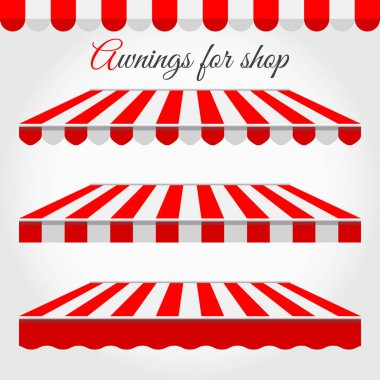 Striped Awnings for Shop in Different Forms. Red and White Awning with Sample Text. clipart