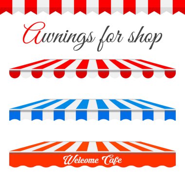 Striped Awnings For Shop in Different Forms. Red and White Border with Sample Text. Red and White, Blue and White Awnings Isolated an a White Background. Design Elements. clipart