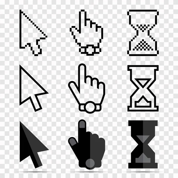 Mouse Cursor Icon Set Pixel Smooth Arrows Hands Hourglasses Clocks — Stock Vector