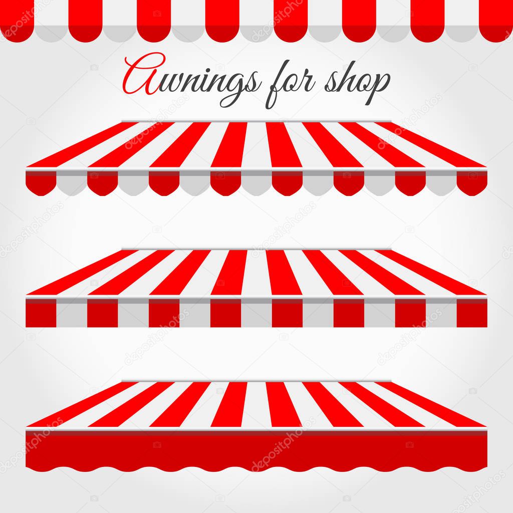 Striped Awnings for Shop in Different Forms. Red and White Awning with Sample Text.