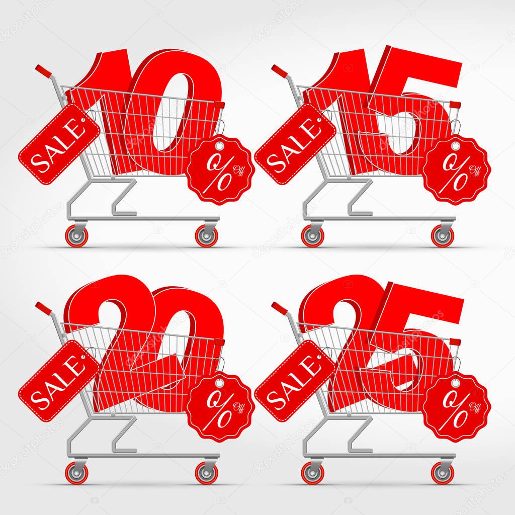 Realistic Vector Supermarket Cart with 3D Sale Percentage Numbers. Shopping, Discount Concept. 10 - 15 - 20 - 25 Percent Discount.