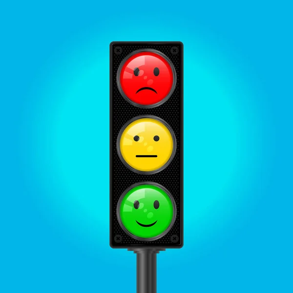 交通灯杆 矢量图解 蓝天背景 黄色和绿色的灯 悲伤的微笑 中性的微笑和笑脸的图标 设置和去标志 — 图库矢量图片