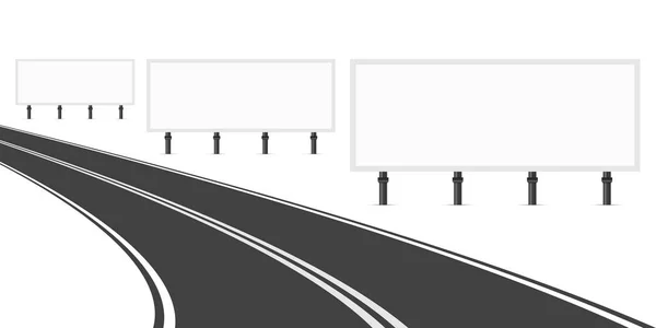 沿路有三个广告牌 三空白色空白广告牌做广告 弯曲的道路与标记 矢量插图 — 图库矢量图片