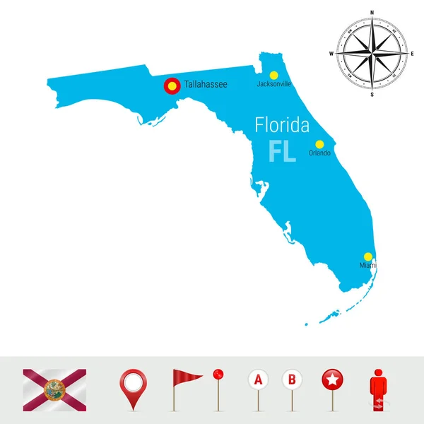 佛罗里达矢量地图被隔离在白色背景上 佛罗里达州的高详细剪影 佛罗里达的矢量旗子 地图标记或指针 导航元素 玫瑰风或罗盘图标 — 图库矢量图片
