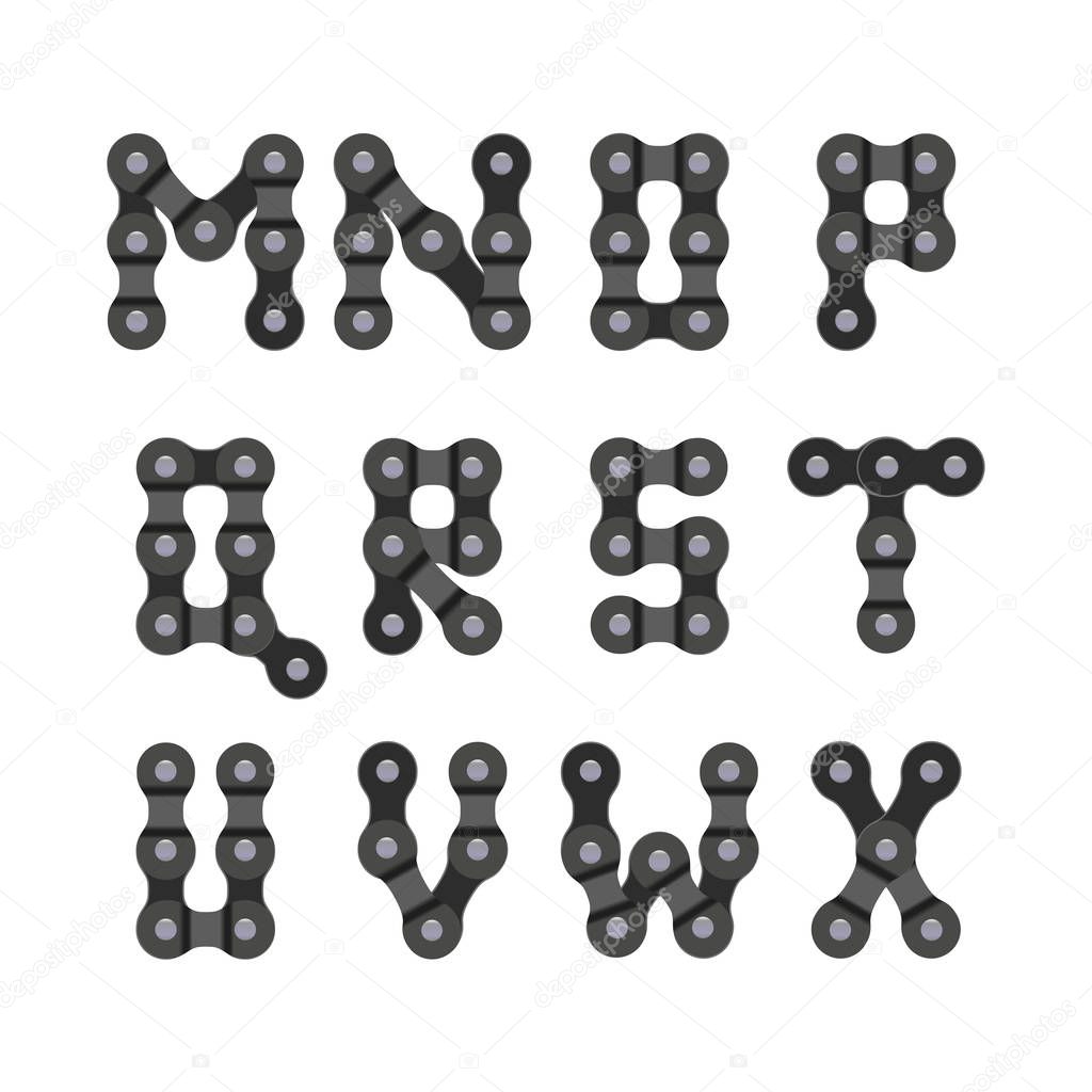 Bike or Bicycle Chain Vector Font. Bike Chain Letter Set. Letters from M to X.