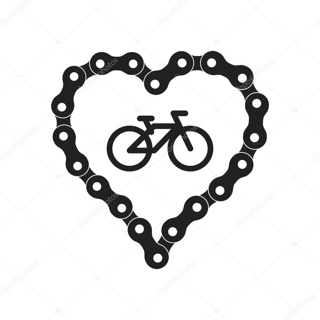 Vector Heart Made of Bike or Bicycle Chain. Flat Monochrome Bike Chain. Black Heart Silhouette plus Bicycle Sample Icon.