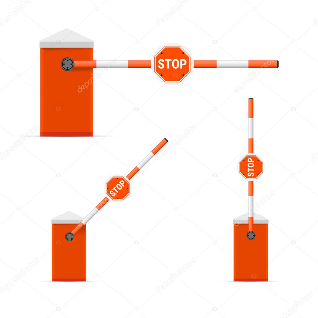 Open and Closed Vector Car Barrier Set Isolated on White Background. Realistic Detailed Vector Illustration of a Red and White Striped Car Barrier with Stop Sign. Eps10, Easy to Edit.