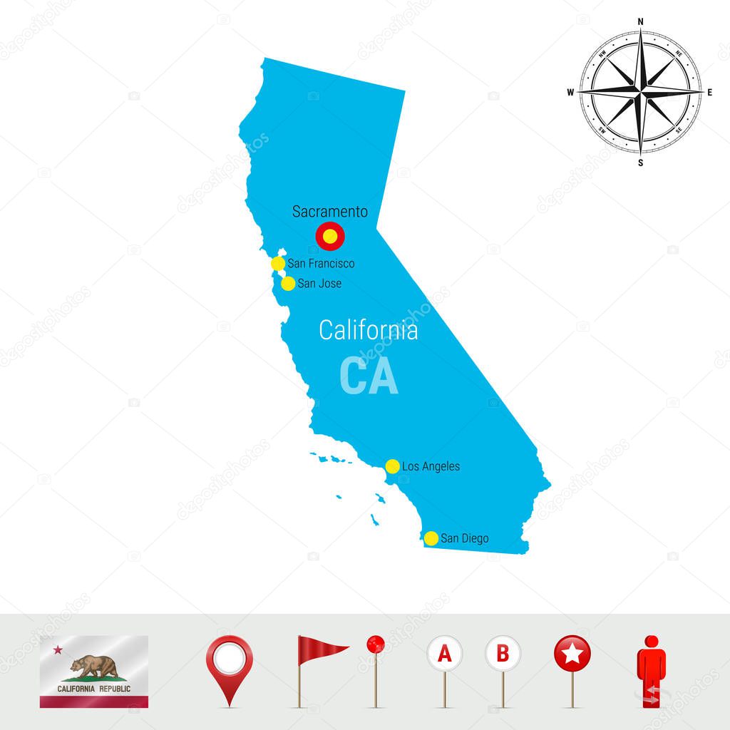 California Vector Map Isolated on White Background. Detailed Silhouette of California State. Vector Flag of California. 3D Map Markers or Pointers, Navigation Elements. Rose of Wind or Compass Icon