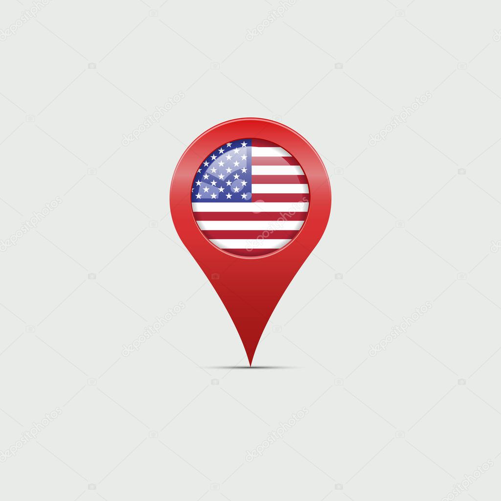 Big Red 3D USA Map Marker with Shadow on the Light Grey Background. Vector Illustration. Star-Striped American Flag. Location - United States.