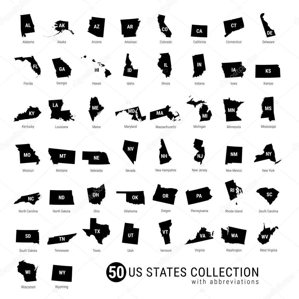 50 US States Vector Collection. High-Detailed Black Silhouette Maps of All 50 States. US States with Abbreviations.