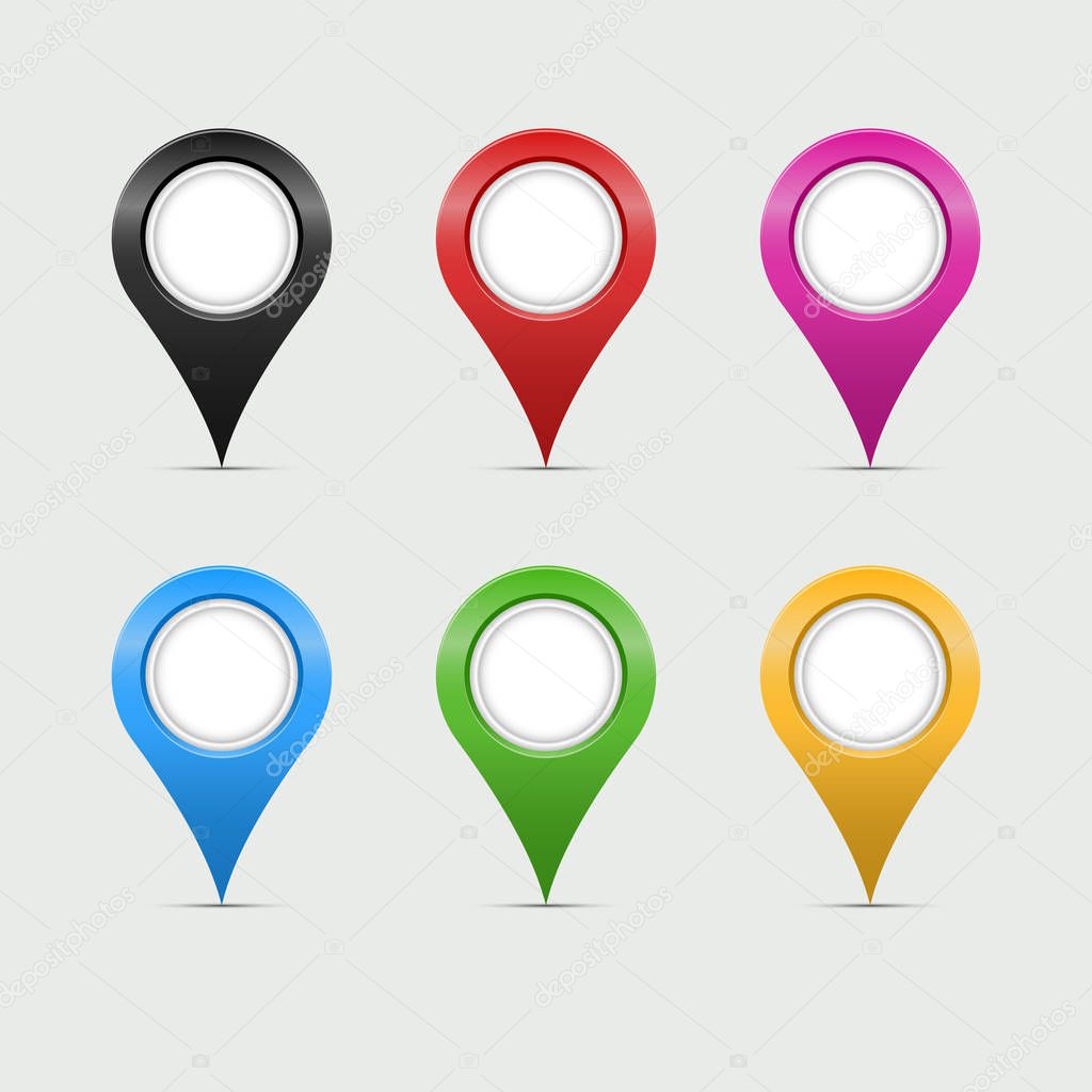 Multicolored Map Markers or Teardrop Pointers. Quality Map Markers Isolated on Grey Background. Realistic Detailed 3D Vector Art. A Collection of Modern Carved Inside Pointers. Vector Design Elements.