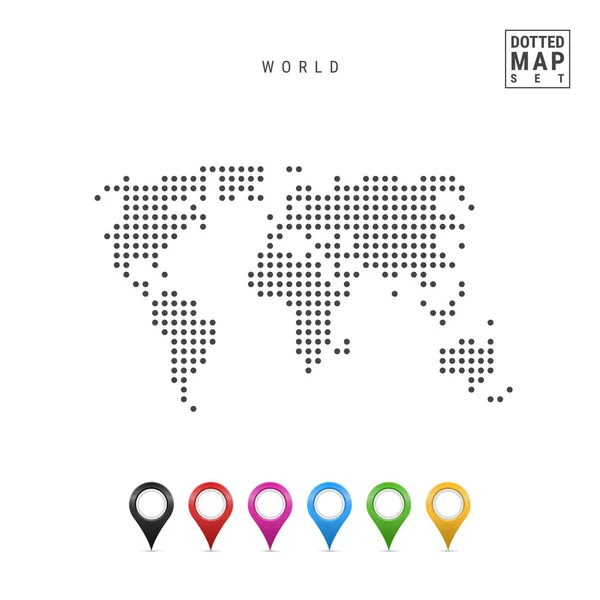 Prickade Karta Världen Enkla Siluetten Världen Uppsättning Mångfärgade Karta Markörer — Stock vektor