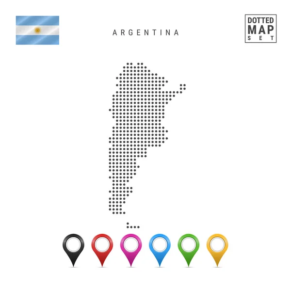 アルゼンチンの点線のマップ アルゼンチンのシンプルなシルエット アルゼンチンの国旗 色とりどりのマップ マーカーのセットです 白い背景で隔離のベクトル図 — ストックベクタ