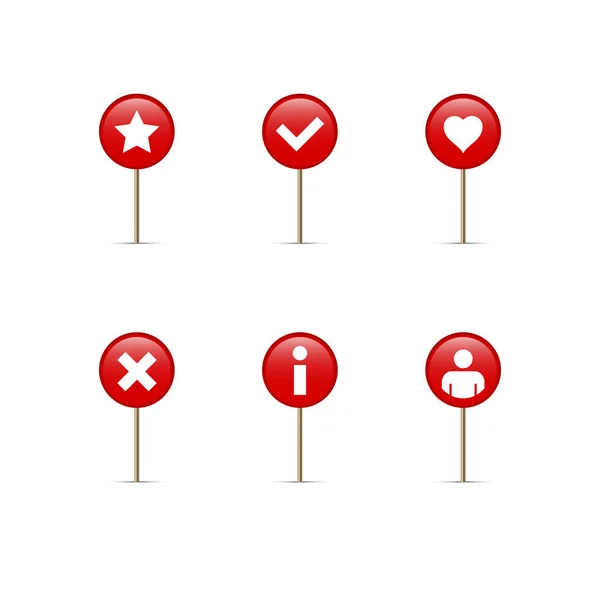 Rote Runde Kartenpins Mit Einfachen Symbolen Liebling Wahl Wie Verbot — Stockvektor