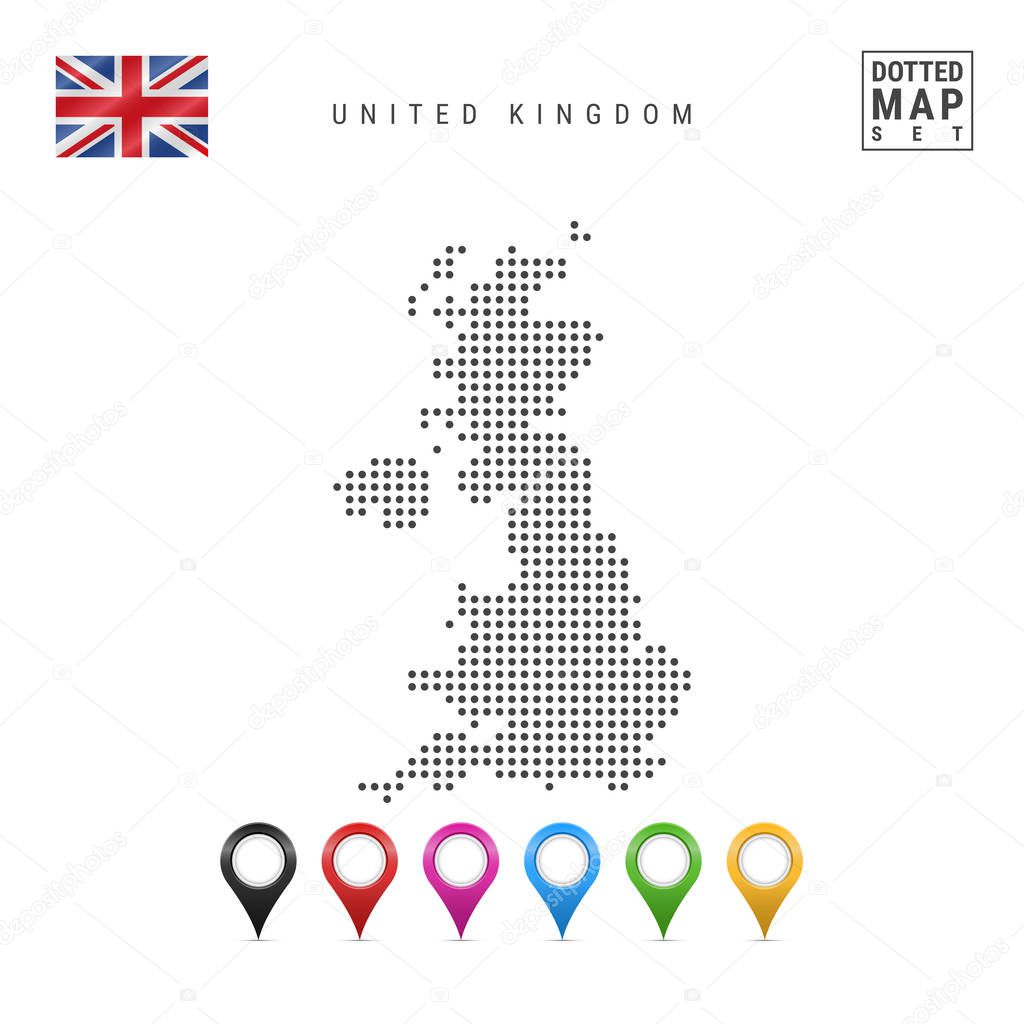 Dotted Map of United Kingdom. Simple Silhouette of United Kingdom. The National Flag of United Kingdom. Set of Multicolored Map Markers. Vector Illustration Isolated on White Background.