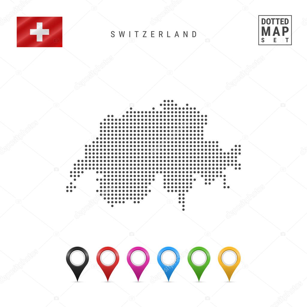 Dotted Map of Switzerland. Simple Silhouette of Switzerland. The National Flag of Switzerland. Set of Multicolored Map Markers. Vector Illustration Isolated on White Background.