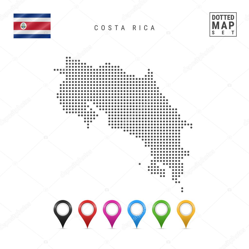 Dotted Map of Costa Rica. Simple Silhouette of Costa Rica. The National Flag of Costa Rica. Set of Multicolored Map Markers. Vector Illustration Isolated on White Background.