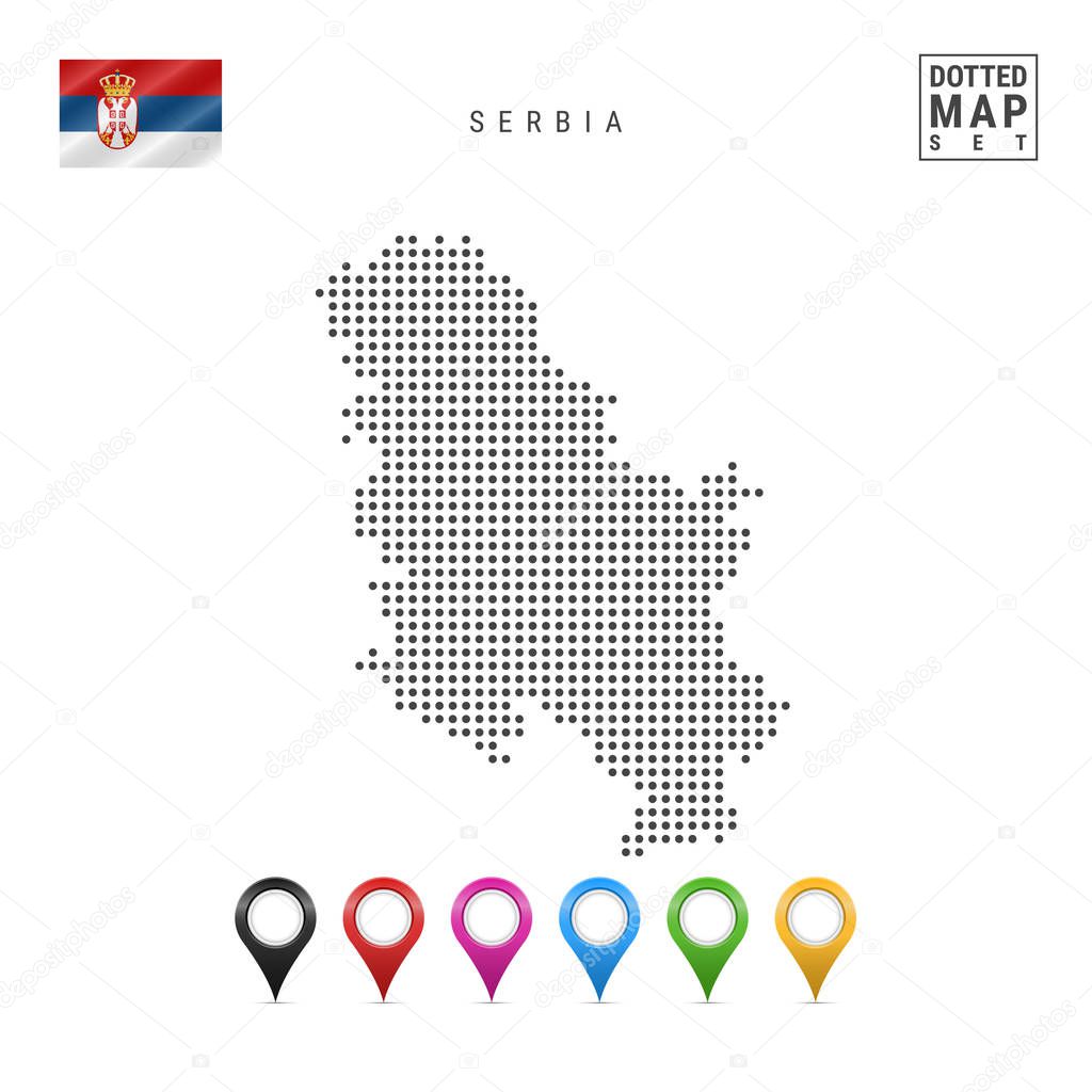 Dotted Map of Serbia. Simple Silhouette of Serbia. The National Flag of Serbia. Set of Multicolored Map Markers. Vector Illustration Isolated on White Background.