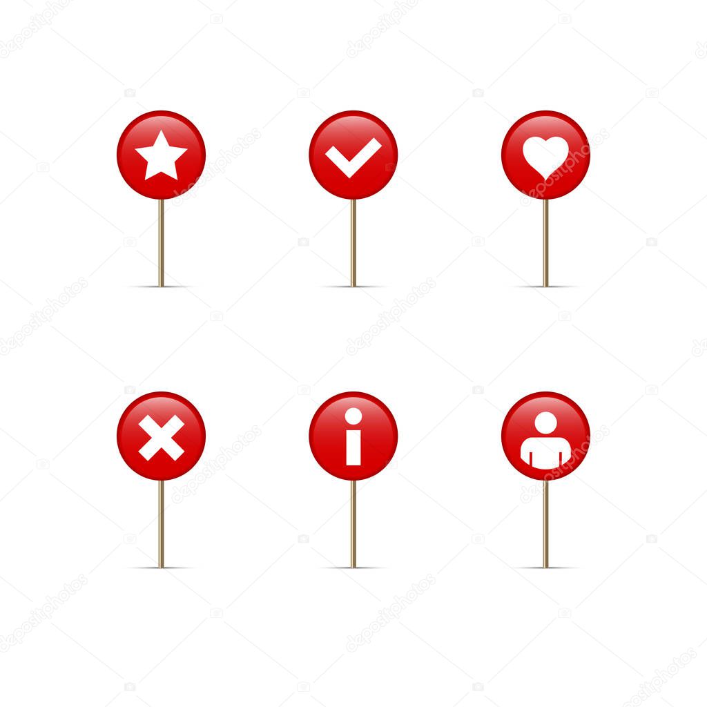 Red Round Map Pins with Simple Icons. Favourite, Choice, Like. Ban or Close, Information, Person Vector Illustration.
