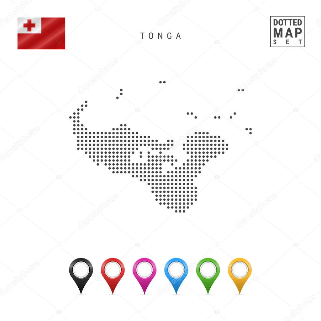 Dotted Map of Tonga. Simple Silhouette of Tonga. The National Flag of Tonga. Set of Multicolored Map Markers. Vector Illustration Isolated on White Background.