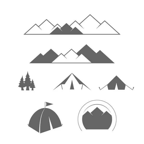 Camping Outdoor Mountain Adventure Expediciones Forestales Turismo Alpino Conjunto Elementos — Vector de stock