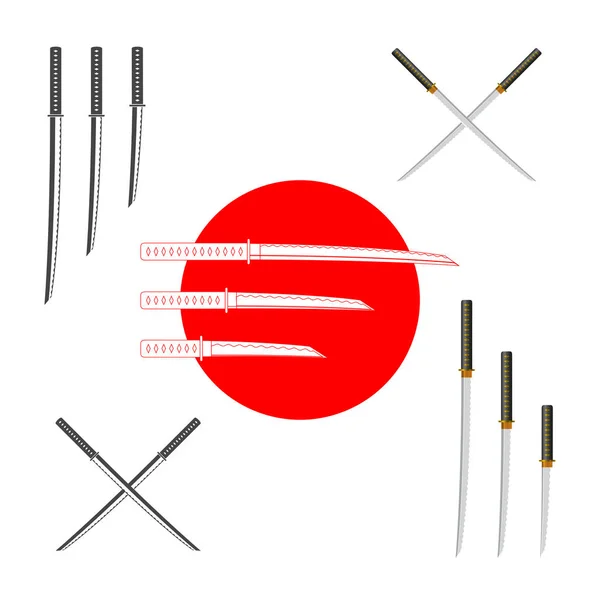 Japonských Samurajských Mečů Barevné Černobílé Vektorový Design Prvky Sada Pro — Stockový vektor