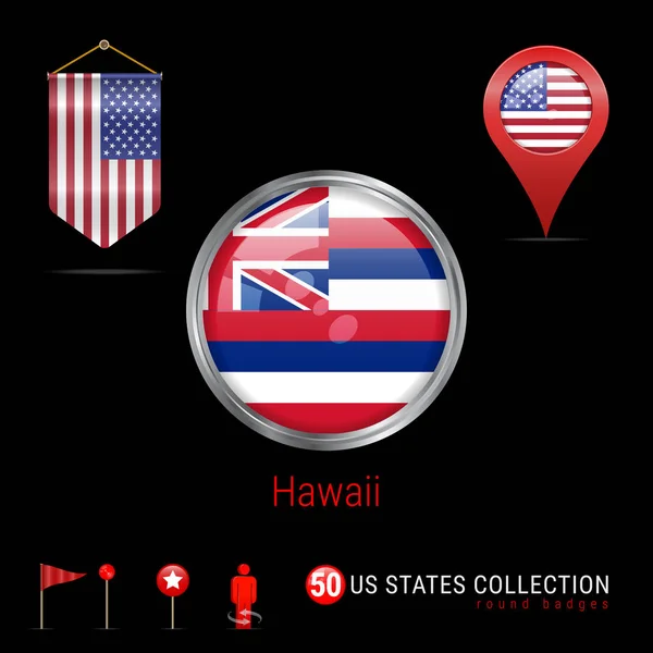 圆银色徽章与夏威夷美国状态旗子 夏威夷有光泽的按钮旗 圆形图标的夏威夷与金属框 美国国旗旗 地图指针 映射导航元素 矢量艺术 — 图库矢量图片