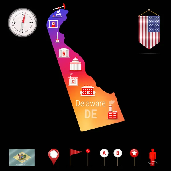 Delaware Vektor Karta Nattvisning Kompass Ikonen Karta Navigeringselement Vimpel Flagga — Stock vektor