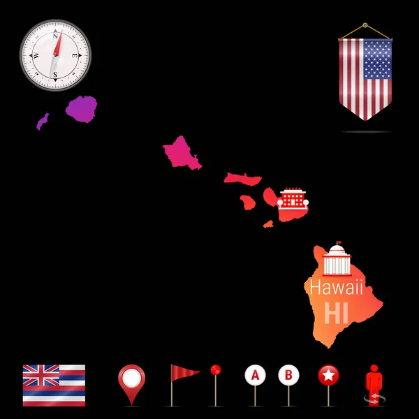 Hawaii Vector Map Night View Inglés Icono Brújula Elementos Navegación — Vector de stock
