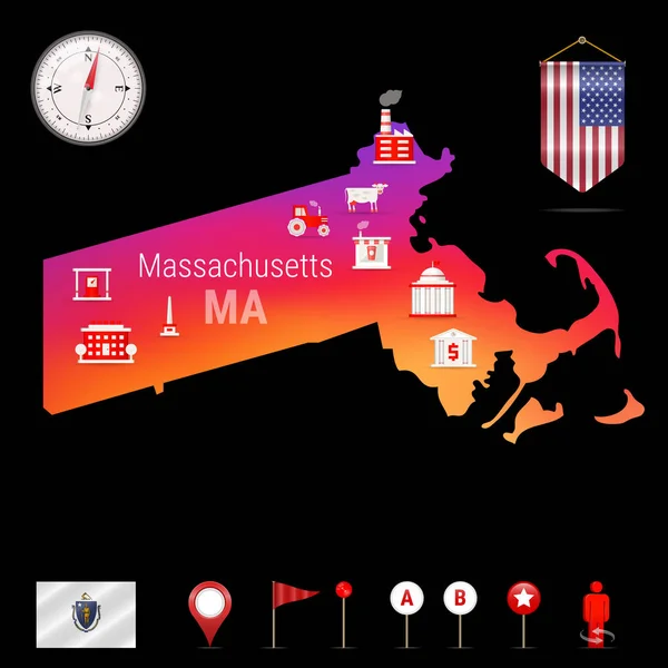 Massachusetts Vektor Karta Nattvisning Kompass Ikonen Karta Navigeringselement Vimpel Flagga — Stock vektor