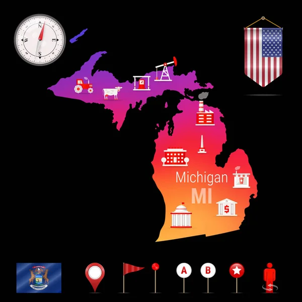 Mapa Vectorial Michigan Vista Nocturna Icono Brújula Elementos Navegación Mapa — Vector de stock