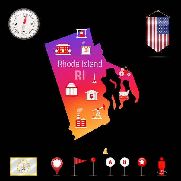 Rhode Island Vektör Harita Gece Görünümü Simge Harita Gezinti Öğeleri — Stok Vektör