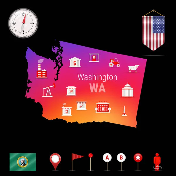 Mapa Vectorial Washington Vista Nocturna Icono Brújula Elementos Navegación Mapa — Vector de stock